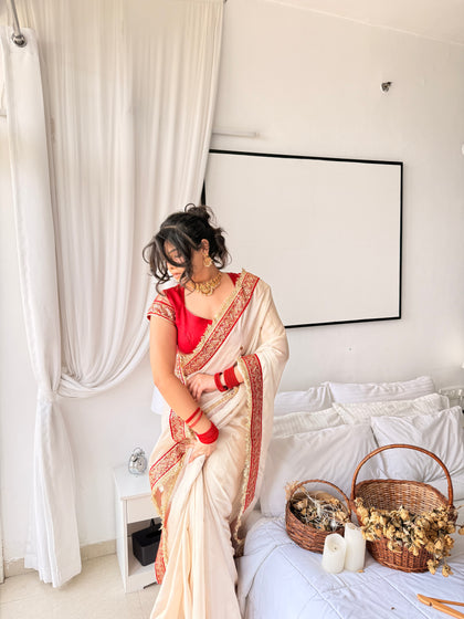 Ivory Royale Ruby Stone Inspired Shimmery Tissue Handwork Saree