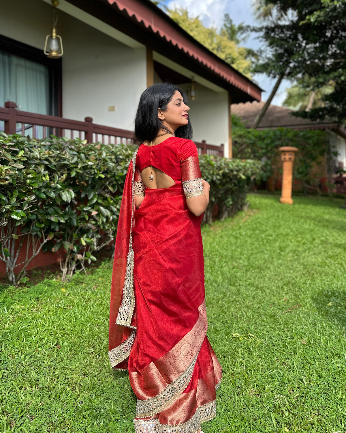 Bold Red Banarasi Rajkumari Mirror Work Tissue Silk Saree