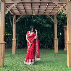 Bold Red Banarasi Rajkumari Mirror Work Tissue Silk Saree