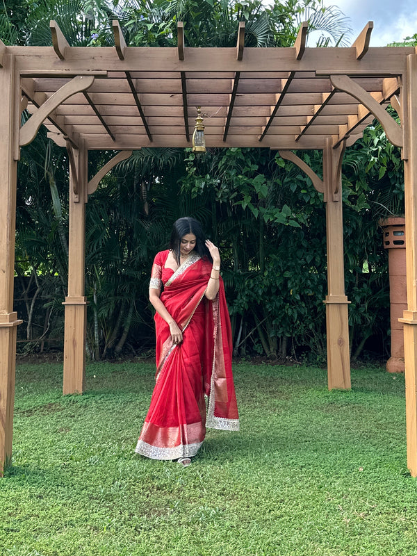 Bold Red Banarasi Rajkumari Mirror Work Tissue Silk Saree