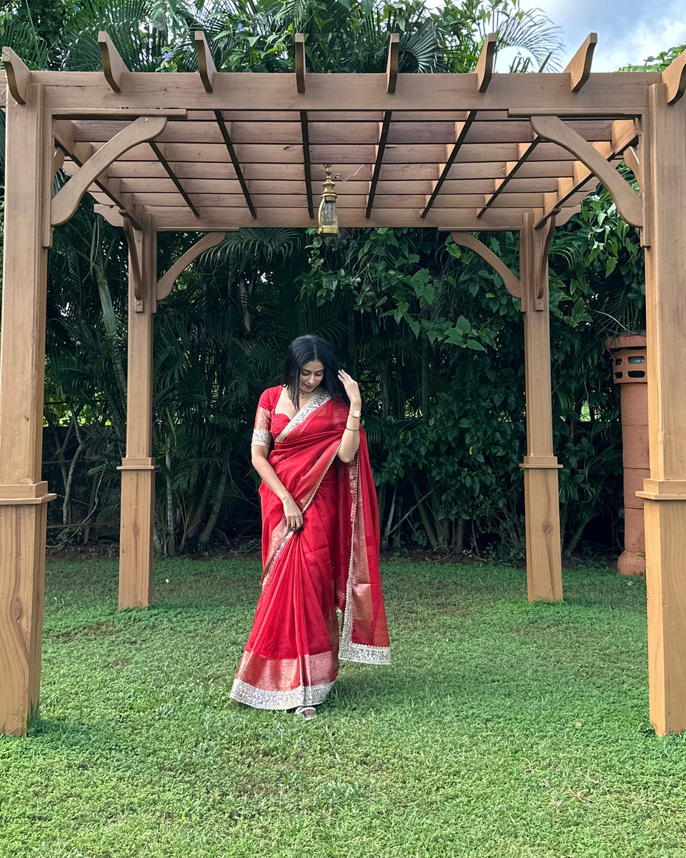 Bold Red Banarasi Rajkumari Mirror Work Tissue Silk Saree