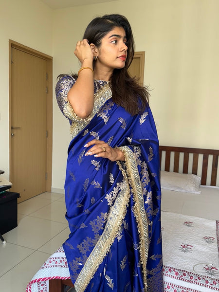 Royal Blue Banarasi Nazakat Mirror-Pearl work Saree