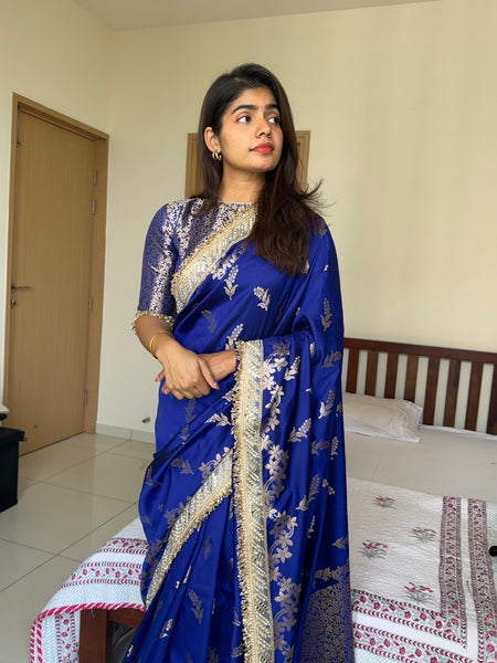 Royal Blue Banarasi Nazakat Mirror-Pearl work Saree