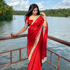 Bold Red Banarasi Rajkumari Mirror Work Tissue Silk Saree