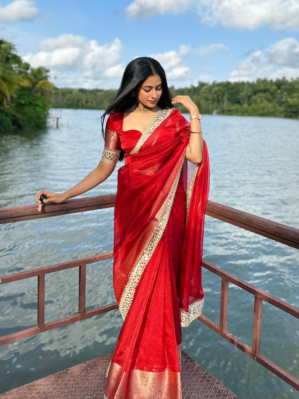 Bold Red Banarasi Rajkumari Mirror Work Tissue Silk Saree