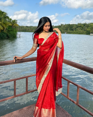 Bold Red Banarasi Rajkumari Mirror Work Tissue Silk Saree