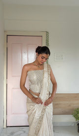 Ivory Abroo Shimmery Tissue Handwork Saree | Mirror Buti