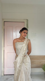 Ivory Abroo Shimmery Tissue Handwork Saree | Mirror Buti