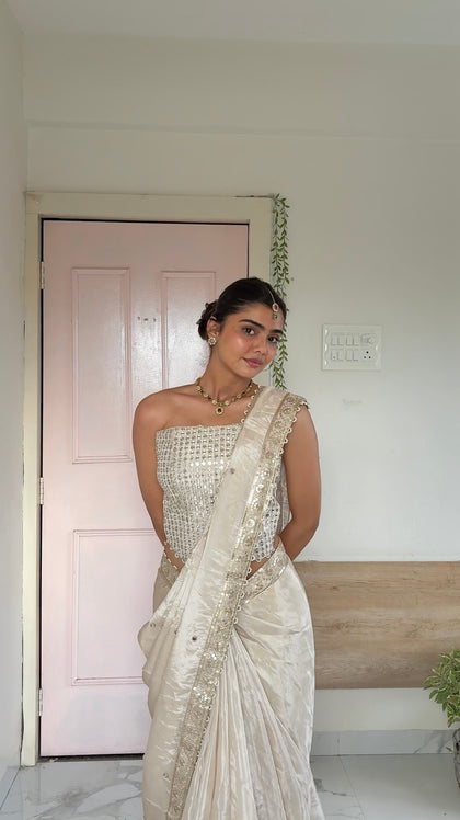 Ivory Abroo Shimmery Tissue Handwork Saree | Mirror Buti