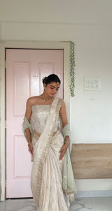 Ivory Abroo Shimmery Tissue Handwork Saree | Mirror Buti