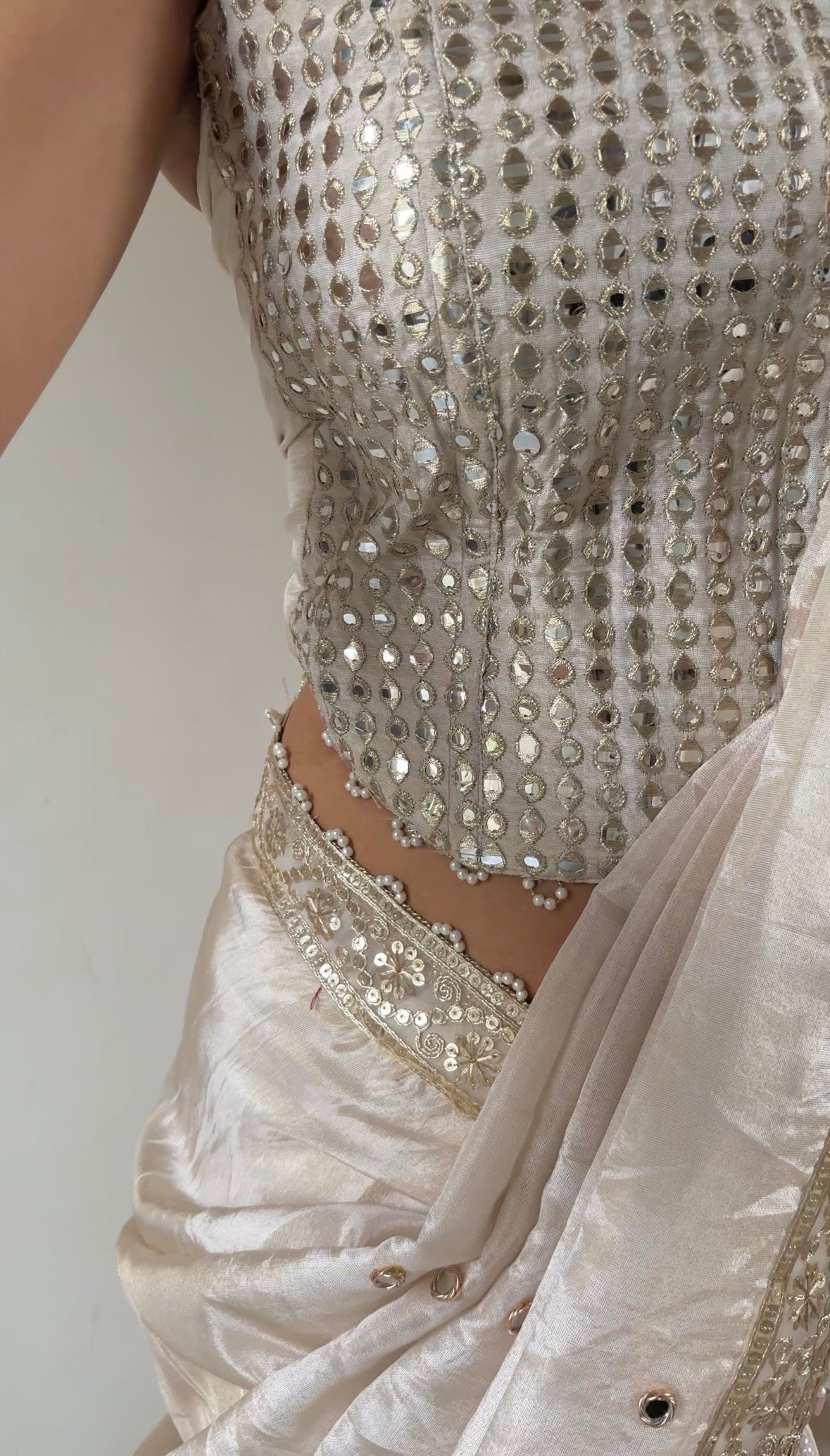 Ivory Abroo Shimmery Tissue Handwork Saree | Mirror Buti