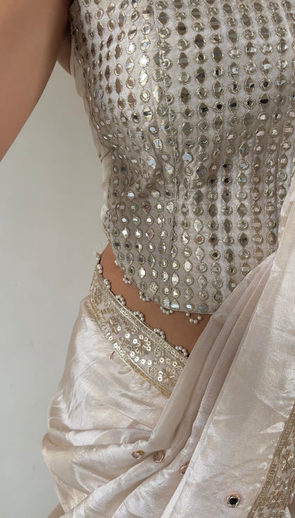 Ivory Abroo Shimmery Tissue Handwork Saree | Mirror Buti
