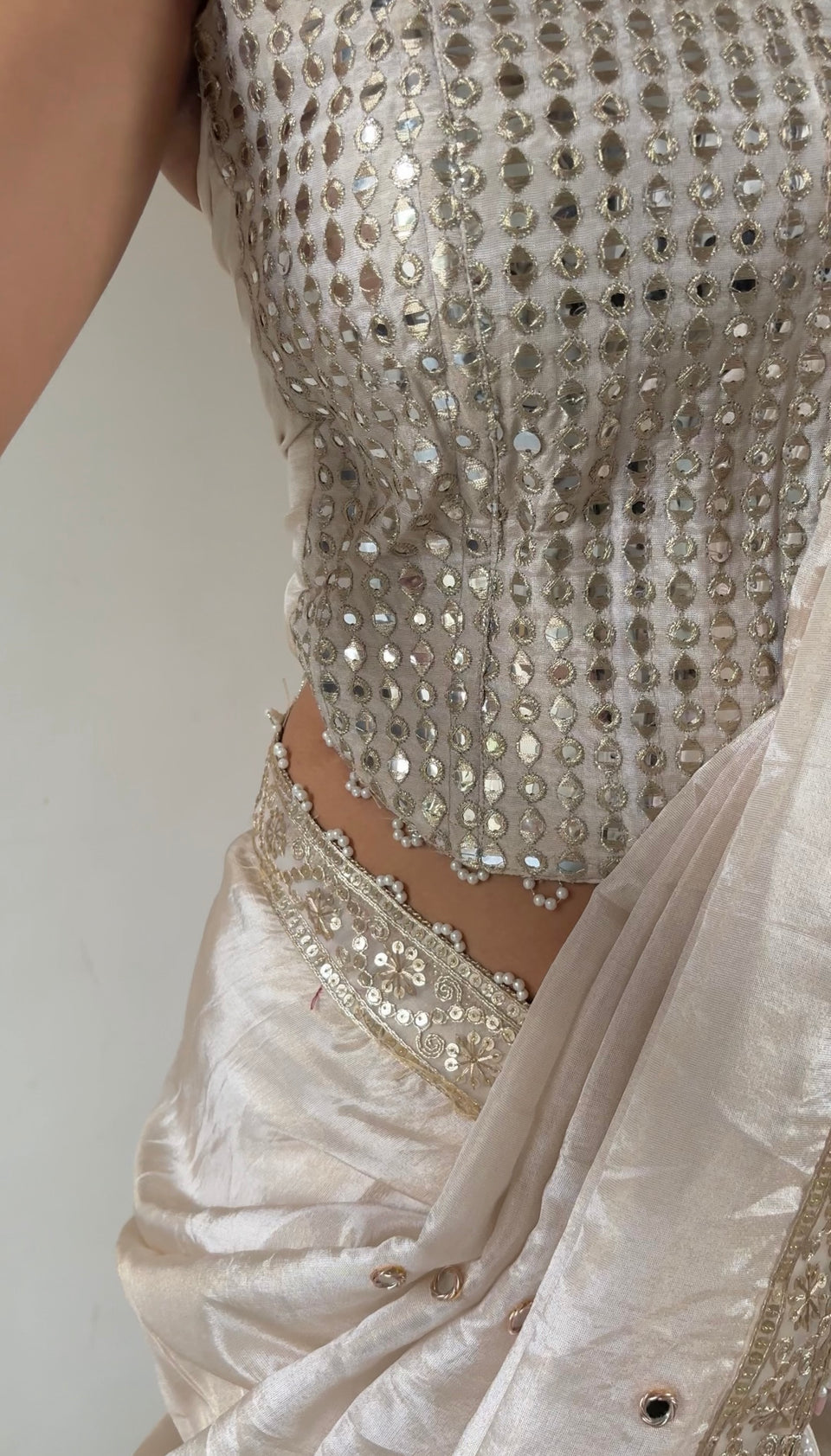 Ivory Abroo Shimmery Tissue Handwork Saree | Mirror Buti