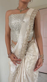 Ivory Abroo Shimmery Tissue Handwork Saree | Mirror Buti