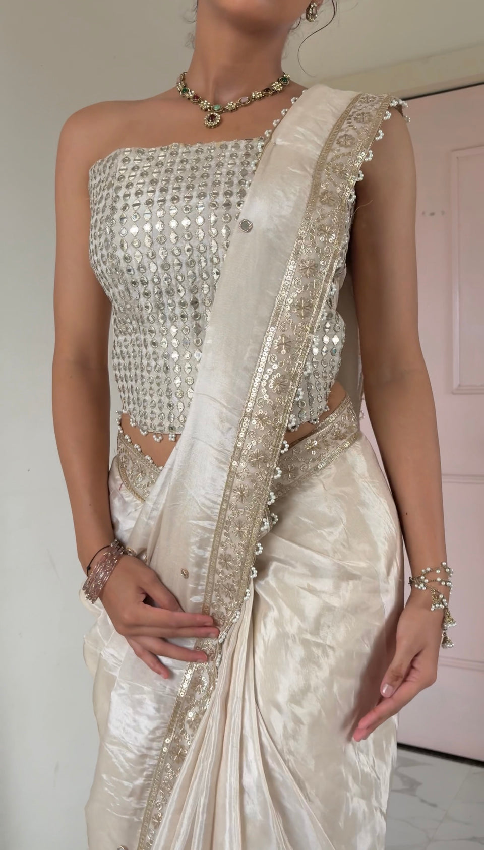 Ivory Abroo Shimmery Tissue Handwork Saree | Mirror Buti