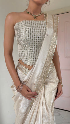 Ivory Abroo Shimmery Tissue Handwork Saree | Mirror Buti