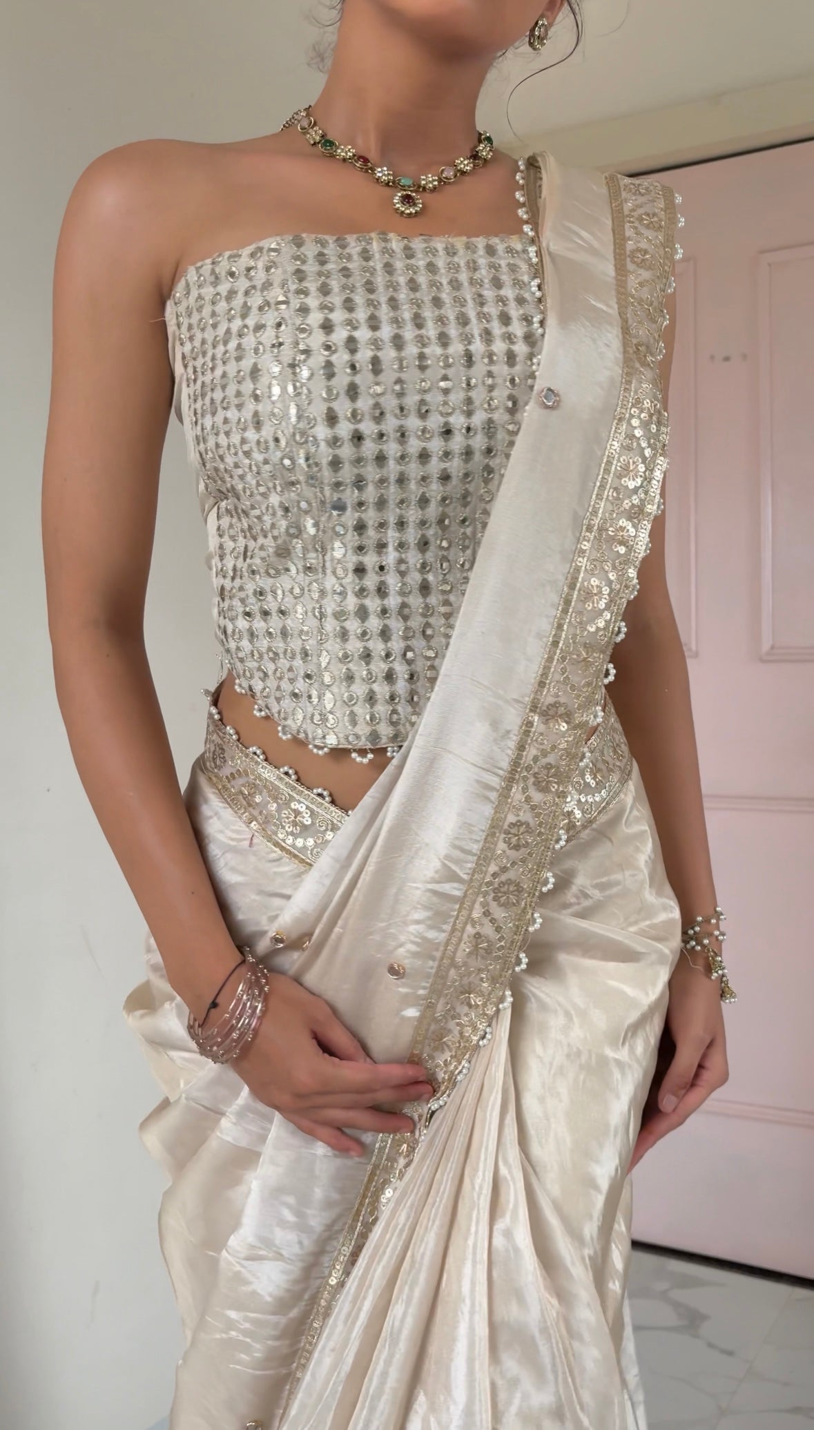 Ivory Abroo Shimmery Tissue Handwork Saree | Mirror Buti