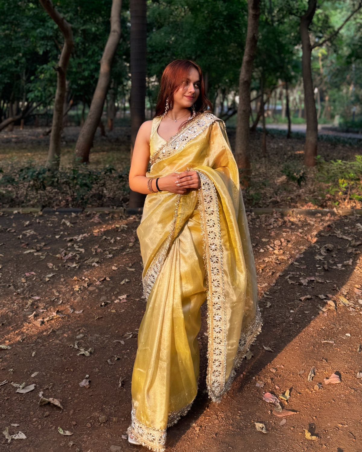 Noor-e-Zar Muted Gold Pearl Motif Handwork Saree with Mirror work Borders