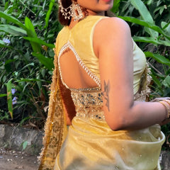 Noor-e-Zar Muted Gold Pearl Motif Handwork Saree with Mirror work Borders