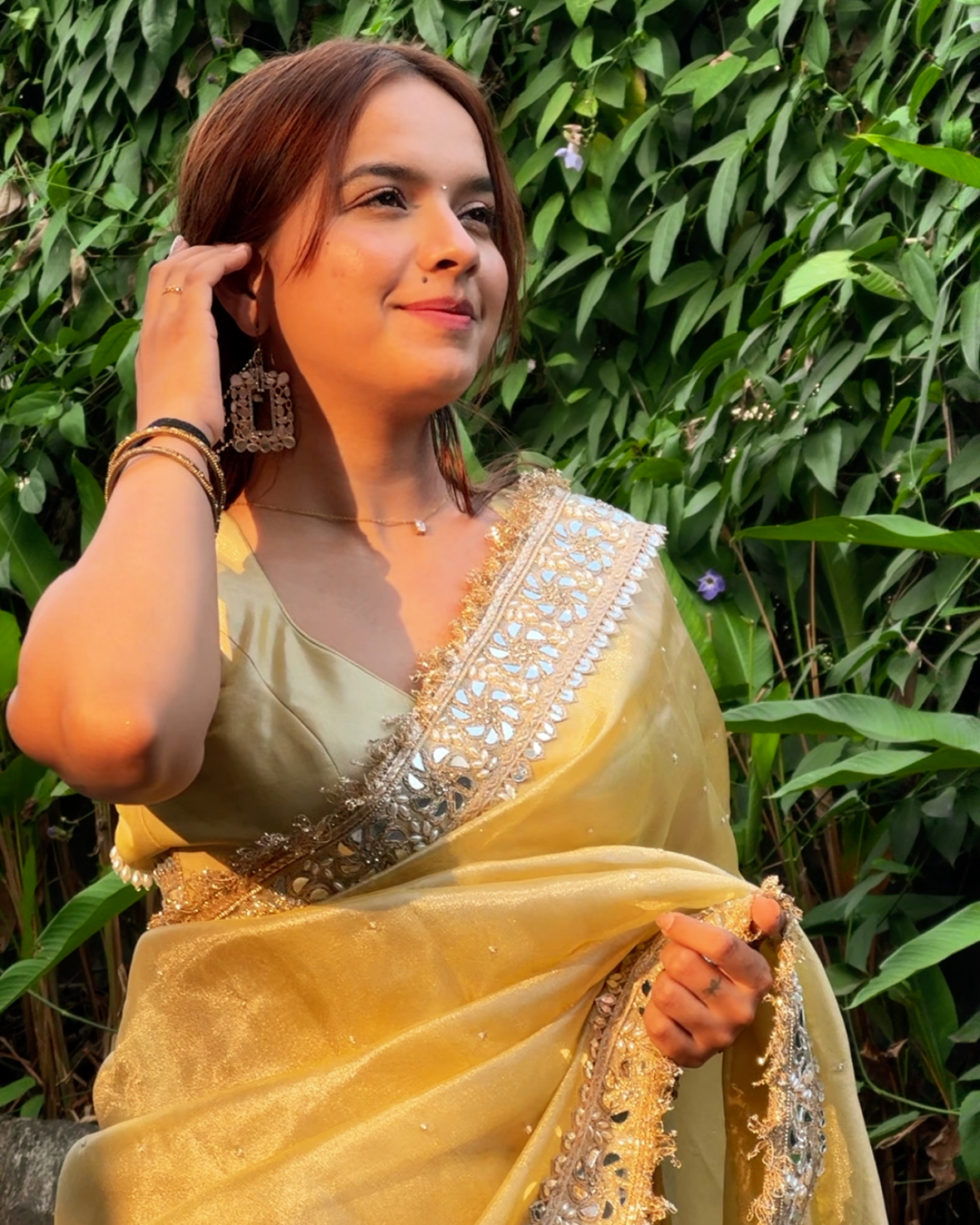 Noor-e-Zar Muted Gold Pearl Motif Handwork Saree with Mirror work Borders