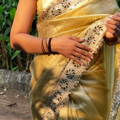 Noor-e-Zar Muted Gold Pearl Motif Handwork Saree with Mirror work Borders