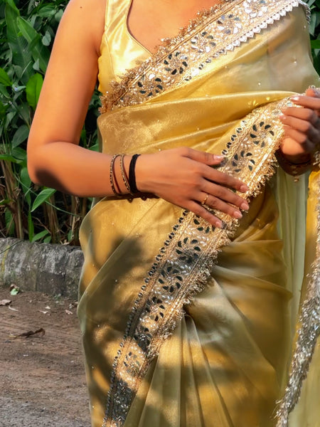 Noor-e-Zar Muted Gold Pearl Motif Handwork Saree with Mirror work Borders