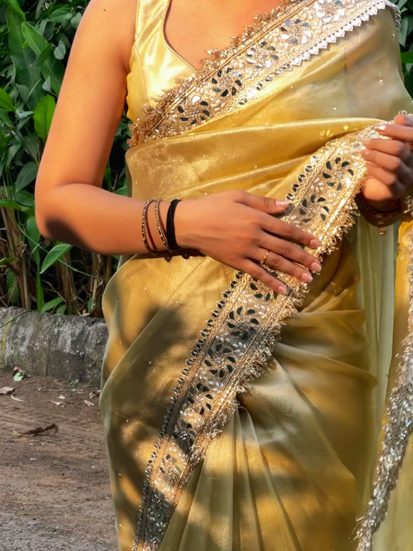 Noor-e-Zar Muted Gold Pearl Motif Handwork Saree with Mirror work Borders