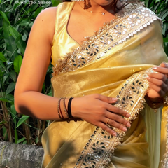Noor-e-Zar Muted Gold Pearl Motif Handwork Saree with Mirror work Borders