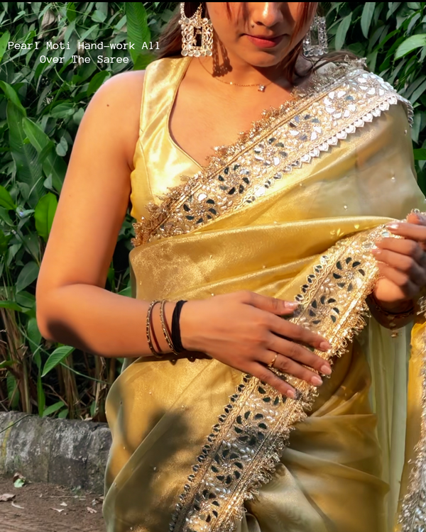 Noor-e-Zar Muted Gold Pearl Motif Handwork Saree with Mirror work Borders