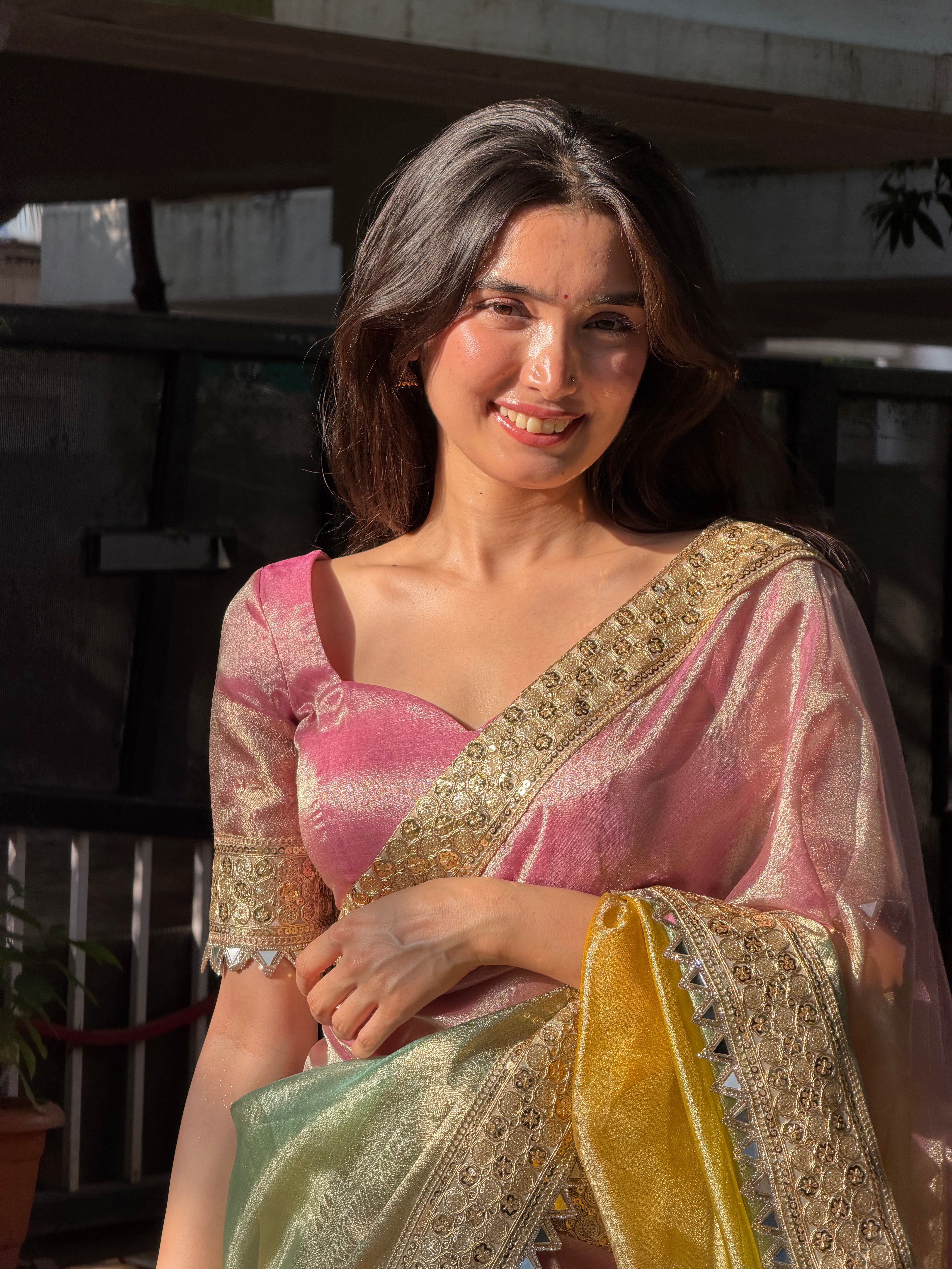 Premium 3D Multi Shade Tissue Saree with Soft Mirror Border