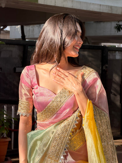 Premium 3D Multi Shade Tissue Saree with Soft Mirror Border