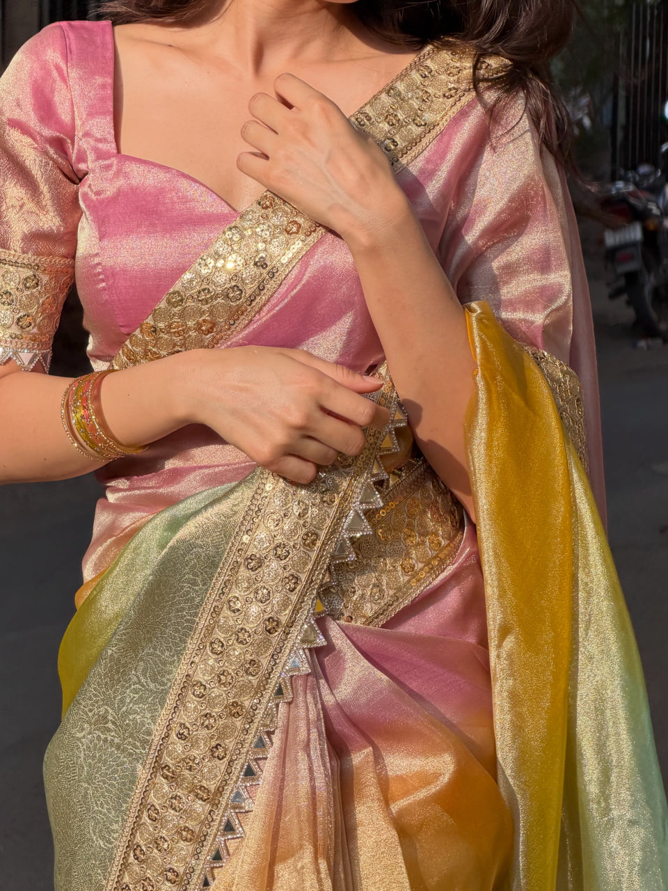 Premium 3D Multi Shade Tissue Saree with Soft Mirror Border