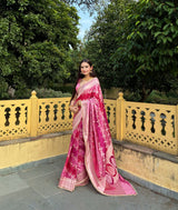 Rose Pink Premium Hand-Brush Rangkaat Mashru Banarasi Saree