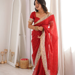 Blood Red Noor-e-Zar Pearl Motif Handwork Saree with Mirror work Borders