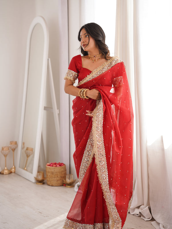Blood Red Noor-e-Zar Pearl Motif Handwork Saree with Mirror work Borders