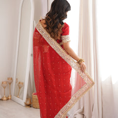 Blood Red Noor-e-Zar Pearl Motif Handwork Saree with Mirror work Borders
