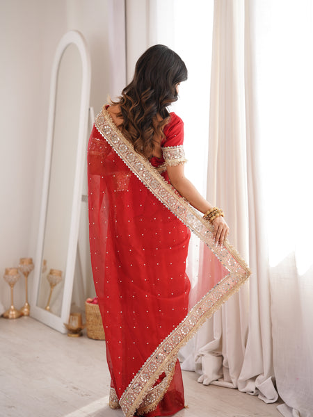 Blood Red Noor-e-Zar Pearl Motif Handwork Saree with Mirror work Borders