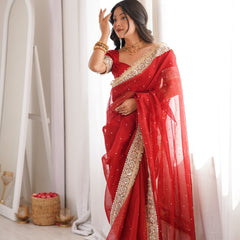 Blood Red Noor-e-Zar Pearl Motif Handwork Saree with Mirror work Borders