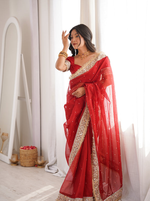 Blood Red Noor-e-Zar Pearl Motif Handwork Saree with Mirror work Borders