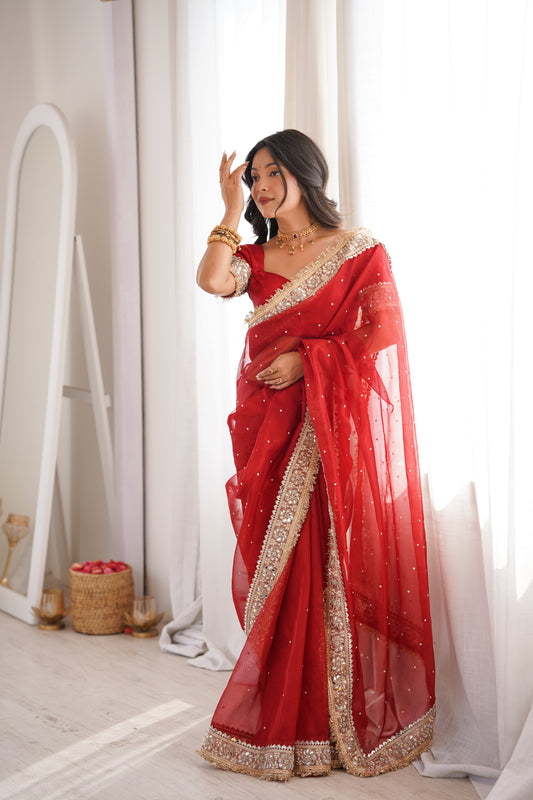 Blood Red Noor-e-Zar Pearl Motif Handwork Saree with Mirror work Borders