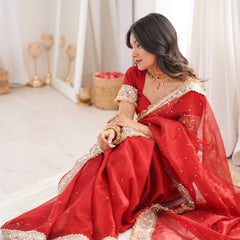 Blood Red Noor-e-Zar Pearl Motif Handwork Saree with Mirror work Borders