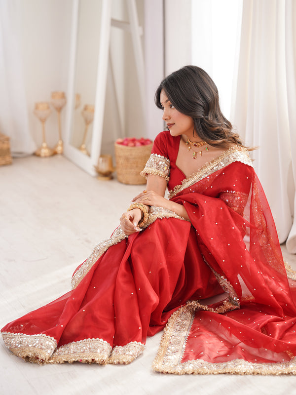 Blood Red Noor-e-Zar Pearl Motif Handwork Saree with Mirror work Borders