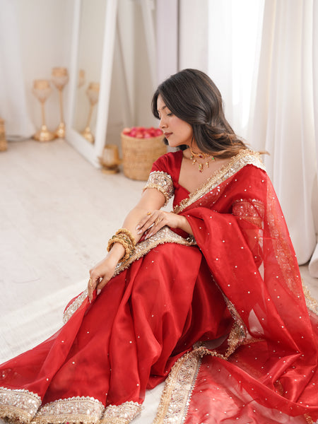Blood Red Noor-e-Zar Pearl Motif Handwork Saree with Mirror work Borders