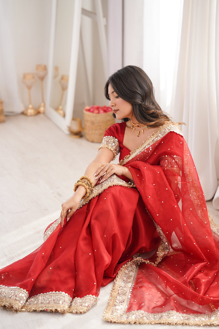 Blood Red Noor-e-Zar Pearl Motif Handwork Saree with Mirror work Borders