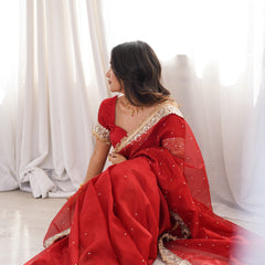 Blood Red Noor-e-Zar Pearl Motif Handwork Saree with Mirror work Borders