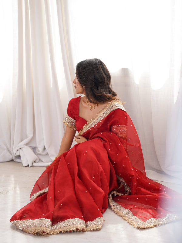 Blood Red Noor-e-Zar Pearl Motif Handwork Saree with Mirror work Borders