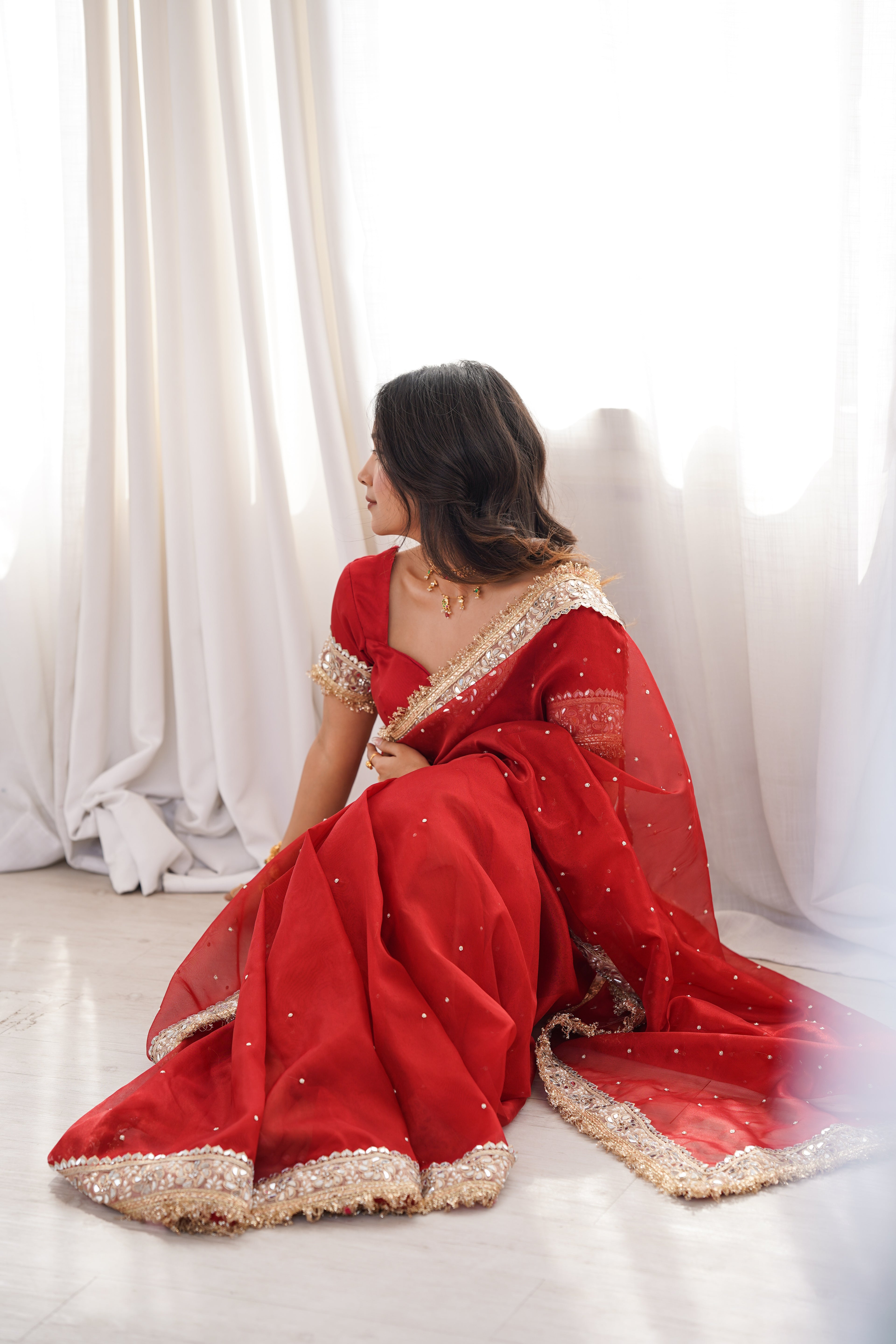 Blood Red Noor-e-Zar Pearl Motif Handwork Saree with Mirror work Borders
