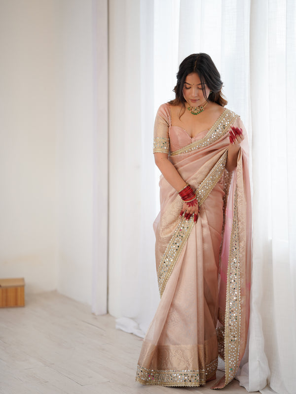 Baby Pink Banarasi Rajkumari Mirror Work Tissue Silk Saree