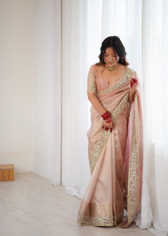 Baby Pink Banarasi Rajkumari Mirror Work Tissue Silk Saree