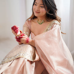 Baby Pink Banarasi Rajkumari Mirror Work Tissue Silk Saree